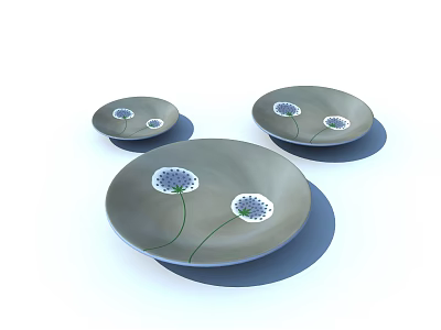 Three Piece Gray Dinner Plate Set With Blue Flower Decorative Pattern For Dining 3d model