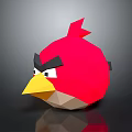 Red Angry Bird in Low Poly Style with Angry Expression on Black Reflective Surface