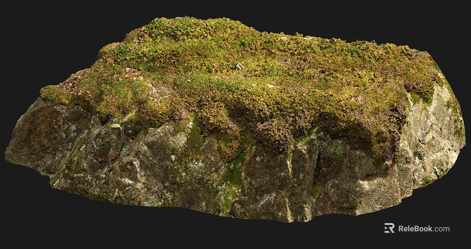 Natural Stone And Wood Decorative Elements With Mossy Surface Texture Details 3d model 