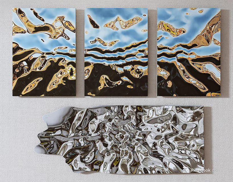 Abstract Wall Decor with Blue Sky Gold Patterns and Silver Textured Design 3d model