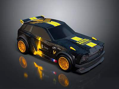 Black And Yellow Sporty Car With Racing Stripes And Yellow Wheels Design 3d model
