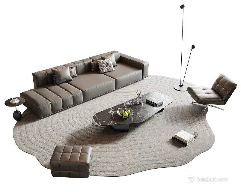 Modern Leather Sofa And Marble Coffee Table Combination With Area Rug Floor Lamp Accent Chair And Ottoman 3d model 