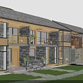Modern Boutique Guesthouse Building With Stone Wooden Large Glass Windows Balcony Plants Lawn Stone Path