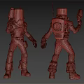3D Model Character Wearing Blue Overalls With Orange Sleeves Backpack Red Weapon Front Back Views 3d model