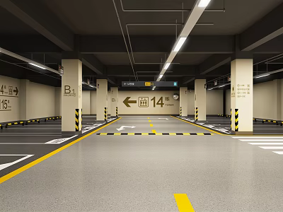 Well Lit Indoor Parking Garage With Directional Arrows Yellow White Lines And Marked Spaces 3d model