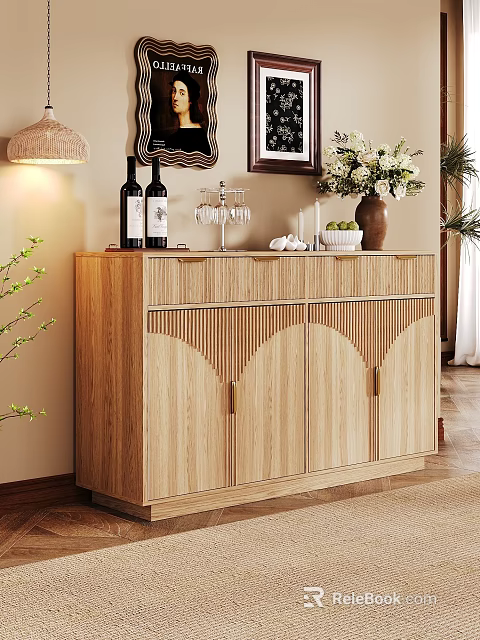 Wooden Sideboard With Scalloped Doors Decorative Top Wine Bottles Glass Holder And Flower Vase 3d model 