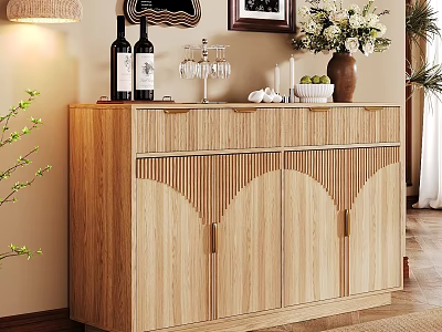 Wooden Sideboard With Scalloped Doors Decorative Top Wine Bottles Glass Holder And Flower Vase 3d model