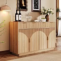 Wooden Sideboard With Scalloped Doors Decorative Top Wine Bottles Glass Holder And Flower Vase