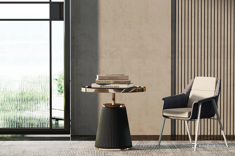 Modern Lounge Room With Chair Side Table And Books 3d model