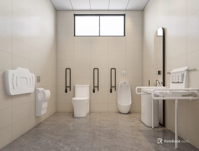 Public Restroom With White Wall Tiles Toilet Urinal Grab Bars Sink And Window 3d model 