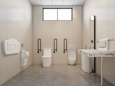 Public Restroom With White Wall Tiles Toilet Urinal Grab Bars Sink And Window 3d model