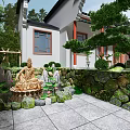 Traditional Chinese Ancient Architecture Courtyard With Stone Pathway Pine Trees And Lanterns