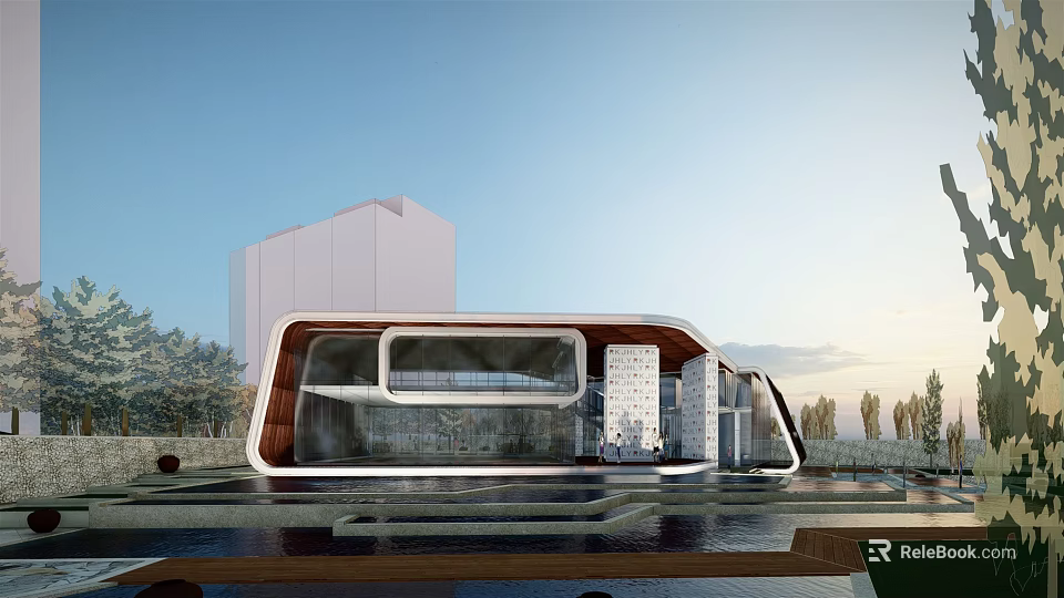 Modern Sales Office Building With Curved Glass Facade And Waterfront Landscape Design 3d model 