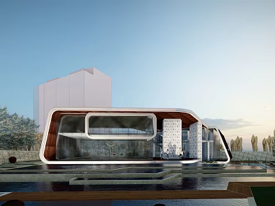 Modern Sales Office Building With Curved Glass Facade And Waterfront Landscape Design 3d model