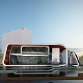 Modern Sales Office Building With Curved Glass Facade And Waterfront Landscape Design
