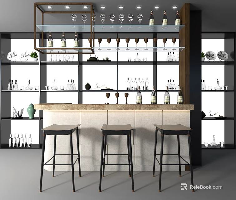 Stylish Bar Counter With Black Stools Hanging Wine Glasses And Decorative Bottles 3d model 