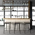 Stylish Bar Counter With Black Stools Hanging Wine Glasses And Decorative Bottles