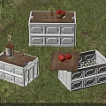 White Storage Boxes with Wooden Lids Holding Apples Bottles and Glasses on Grass