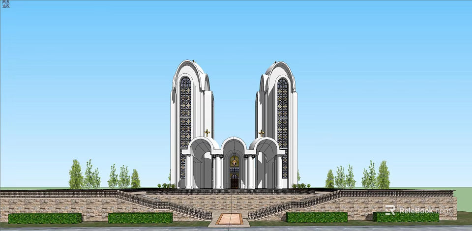 Modern Religious Architectural Building With Twin Towers Arched Windows Central Entrance Steps And Lawn Trees 3d model 
