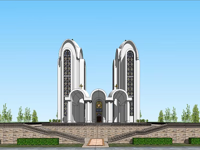 Modern Religious Architectural Building With Twin Towers Arched Windows Central Entrance Steps And Lawn Trees 3d model