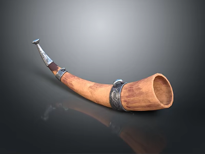 Handcrafted Traditional Horn With Intricate Silver Metal Accents And Polished Surface 3d model