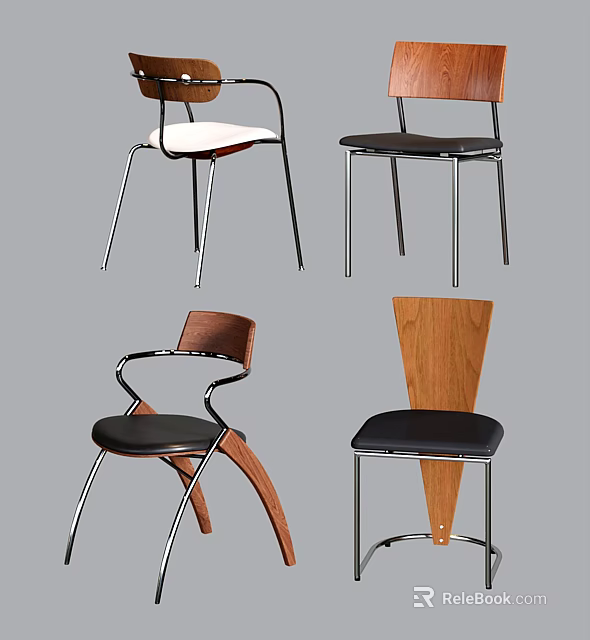 Modern Single Chairs With Wooden Backrest Metal Legs And Leather Seat 3d model 
