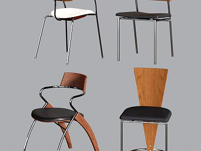 Modern Single Chairs With Wooden Backrest Metal Legs And Leather Seat 3d model