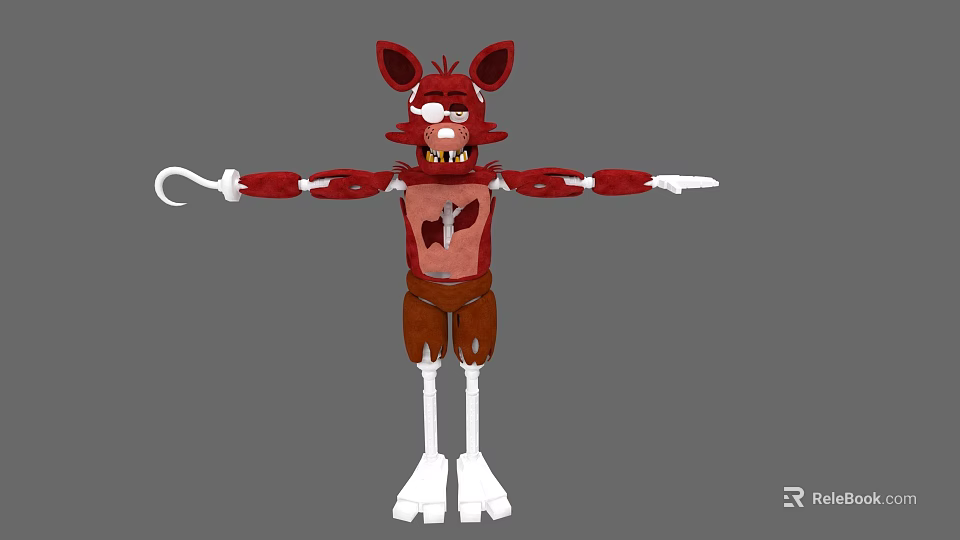 Red Fox Robot With Damaged Body Hook Hand And White Mechanical Legs 3d model 