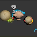 Three Pigs In Traditional Clothes Wearing Straw Hats Holding Straw With Flying Birds