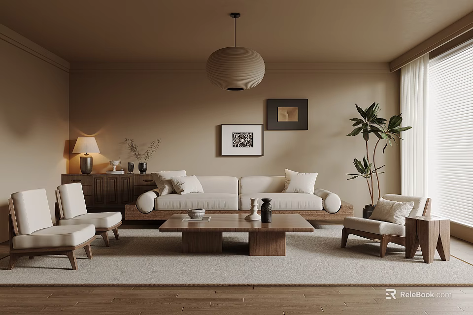 Minimalist Beige Living Room Interior With Pendant Light Sofa Coffee Table And Armchairs 3d model 