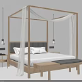 Modern Wooden Four Poster Double Bed With White Bedding Nightstand And Hanging Lamps