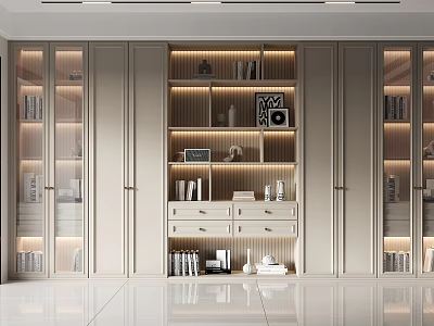 Modern Bookcase With Glass Doors LED Lighting Drawers Books And Decorative Items 3d model