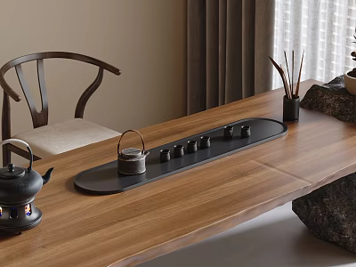 Traditional Chinese Tea Set On Solid Wood Table With Black Tray Teapot And Teacups 3d model