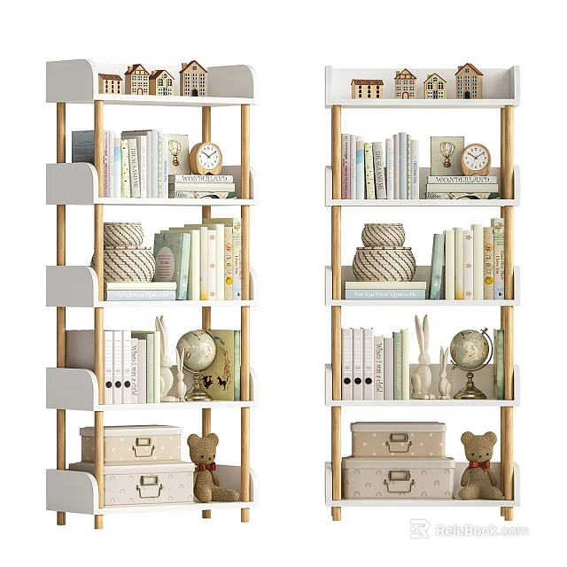 Decorative Multi Tiered Shelving Unit With Books Clock Globe Storage Boxes And Teddy Bear 3d model 