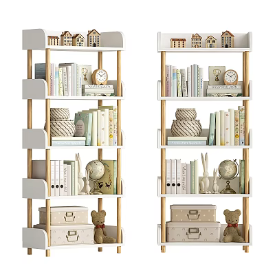 Decorative Multi Tiered Shelving Unit With Books Clock Globe Storage Boxes And Teddy Bear 3d model