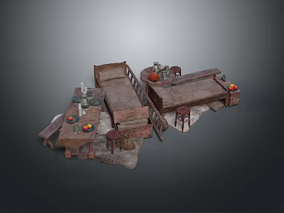 Vintage Wooden Furniture Collection Featuring Bed Table Stools Decorative Fruits And Candles 3d model