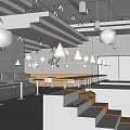 Modern Tea Restaurant Interior With Gray Walls White Counter Long Tables And Hanging Lights