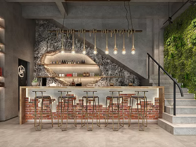 Industrial Bar Interior With Brick Wall Pendant Lights Bar Stools And Green Plant Wall 3d model
