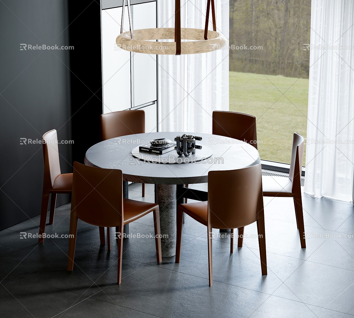 Modern Dining Table and Chair Six-person Dining Table and Chair Round Dining Table Leather Dining Chair Ring Chandelier 3d model