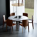 Modern Round Dining Table With Six Brown Chairs Hanging Light Large Window And Grass View 3d model