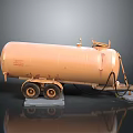 Orange Tanker Trailer With Two Wheels And Metal Pipes On Gray Background
