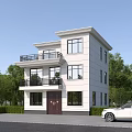 Two Story White Single Family House With Black Balcony Brown Door And Green Trees