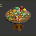 Daily Living Items With Fruits Snacks Drinks And Vegetables On Wooden Round Table