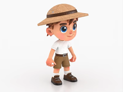 Boy Wearing Straw Hat White T-shirt Brown Shorts White Socks And Brown Shoes 3d model