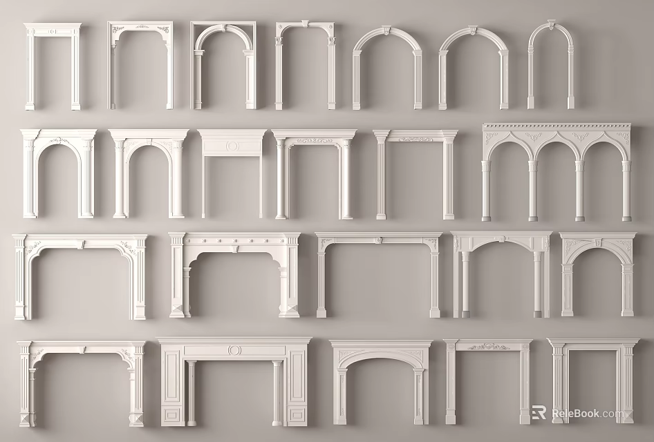 White Door Designs Featuring Various Architectural Styles Including Arched And Rectangular Shapes 3d model