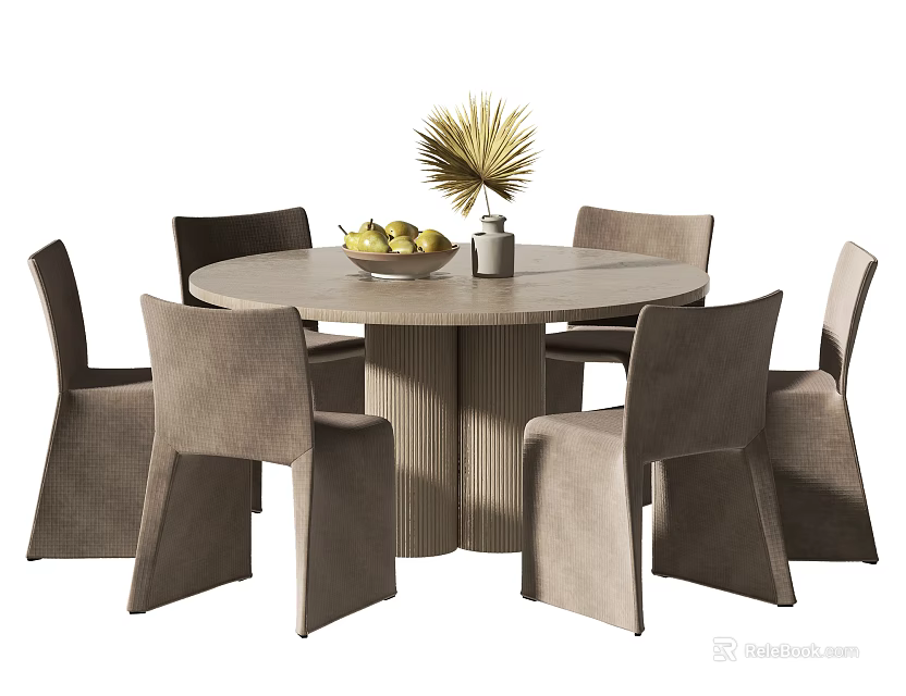 Modern Round Dining Table Set with Six Upholstered Chairs Fruit Bowl and Decorative Plant 3d model 