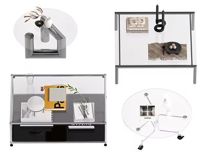 Modern Glass Top Coffee Tables With Metal Frames Square Round Shapes And Decor Items 3d model