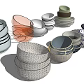 Assorted Color Patterned Dinnerware Set with Stacked Bowls and Plates of Various Sizes 3d model