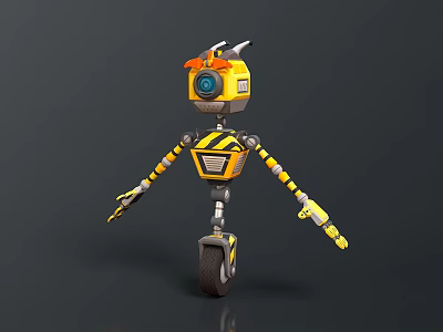 Yellow And Black Mechanical Robot With Single Wheel Camera Eye And Striped Design 3d model