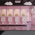 Pink Shopping Mall Store With Claw Machines Cloud Shaped Pendant Lights Pink Counter Checkered Floor
